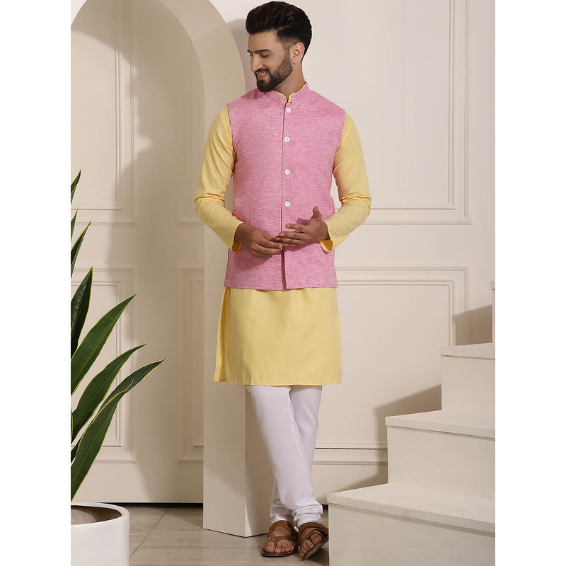 Sojanya Mens Cotton Linen Yellow Kurta With Churidar Pyjama & Pink Nehru Jacket (Set of 3) (38)