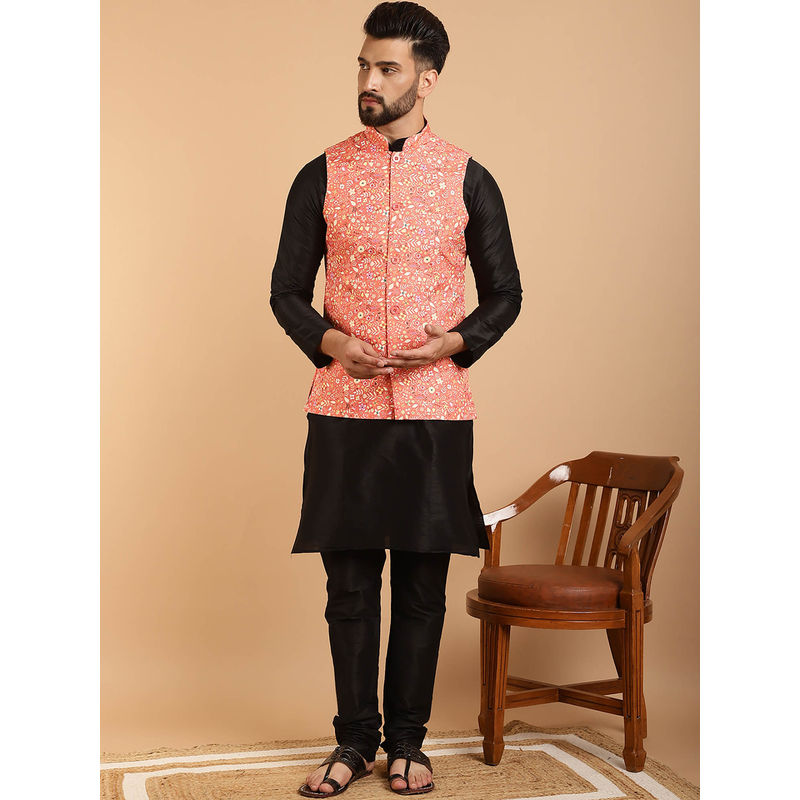 Sojanya Mens Silk Blend Black Kurta Pyjama & Peach Print Nehru Jacket (Set of 3) (44)