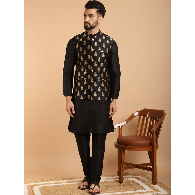 Sojanya Mens Silk Blend Black Kurta Pyjama & Nehru Jacket (Set of 3) (38)