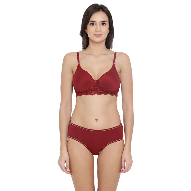 Buy Clovia Cotton Rich Non-Wired Spacer Cup T-Shirt Bra & Mid Waist Hipster  Panty - Maroon online