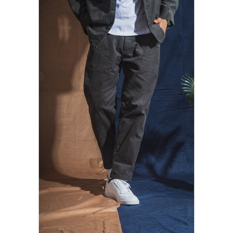JAVINISHKA Charcoal Grey Corduroy Relaxed Fit Casual Trouser (28)