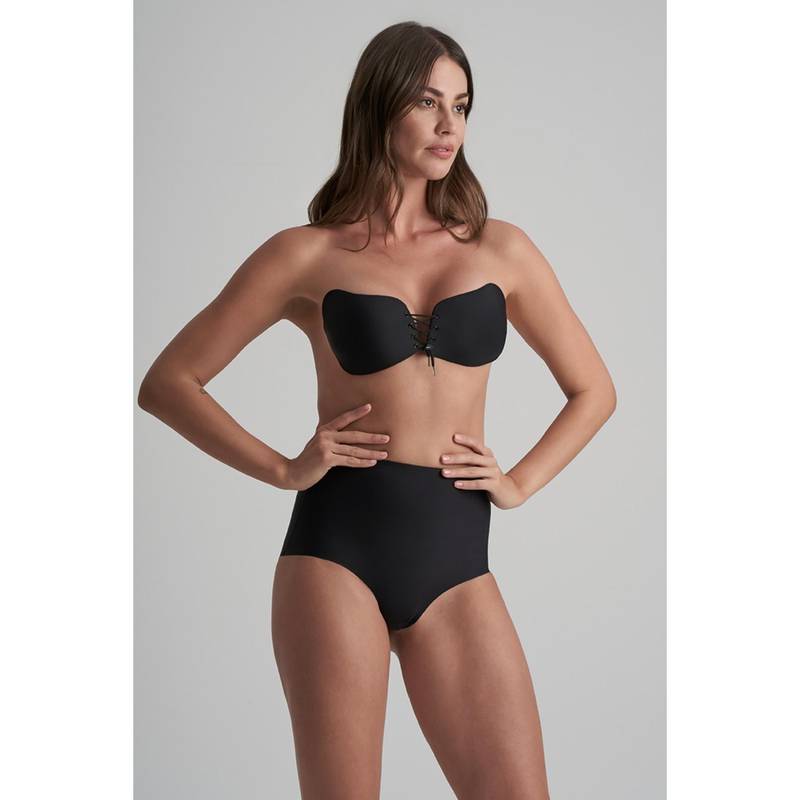 Rheal Curve Black Lace-Up Adjustable Deep V Backless Strapless Adhesive Bra (B)