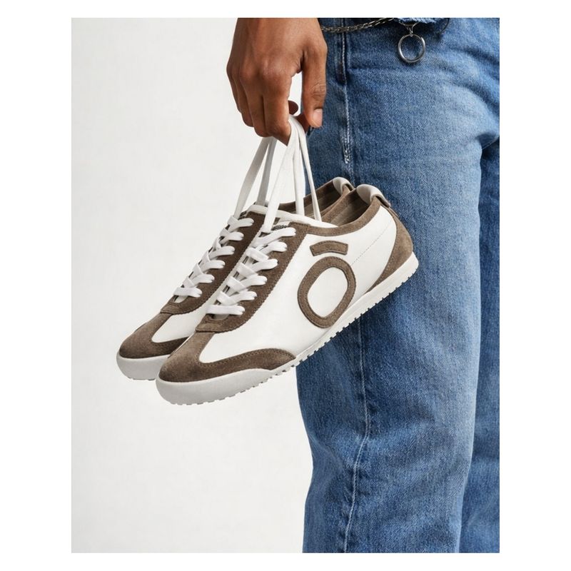 Bewakoof Men White And Brown Dune Color Block Suede Leather Low-Top Sneakers (UK 6)