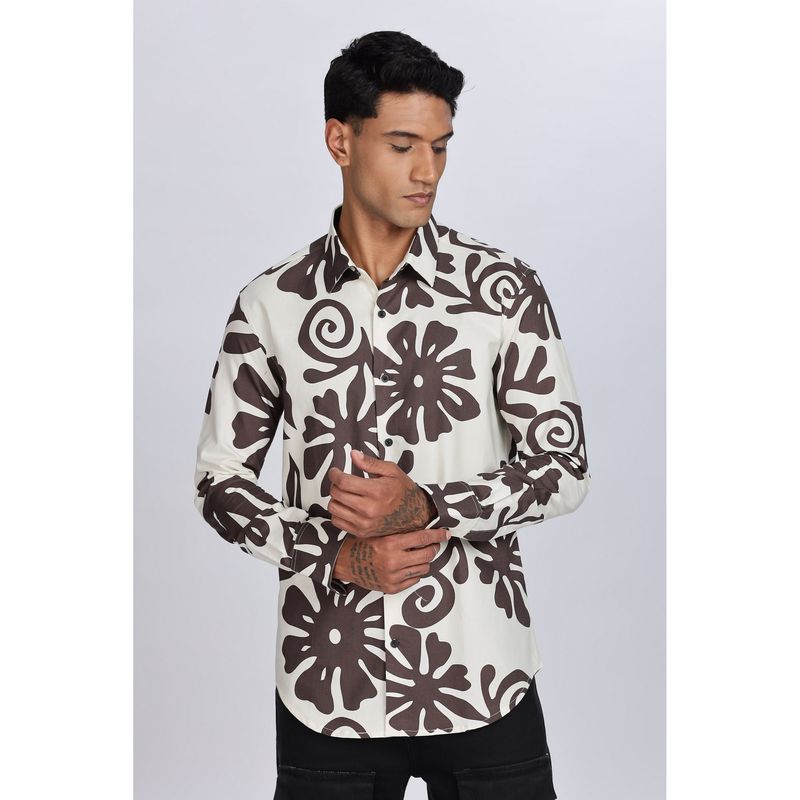 Eszett Men Cream Cotton Floral Casual Shirt (S)