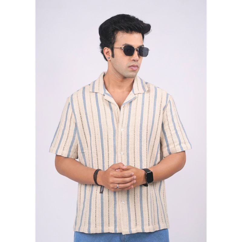 Eszett Men Beige Stripes Half Sleeves Casual Shirt (XL)