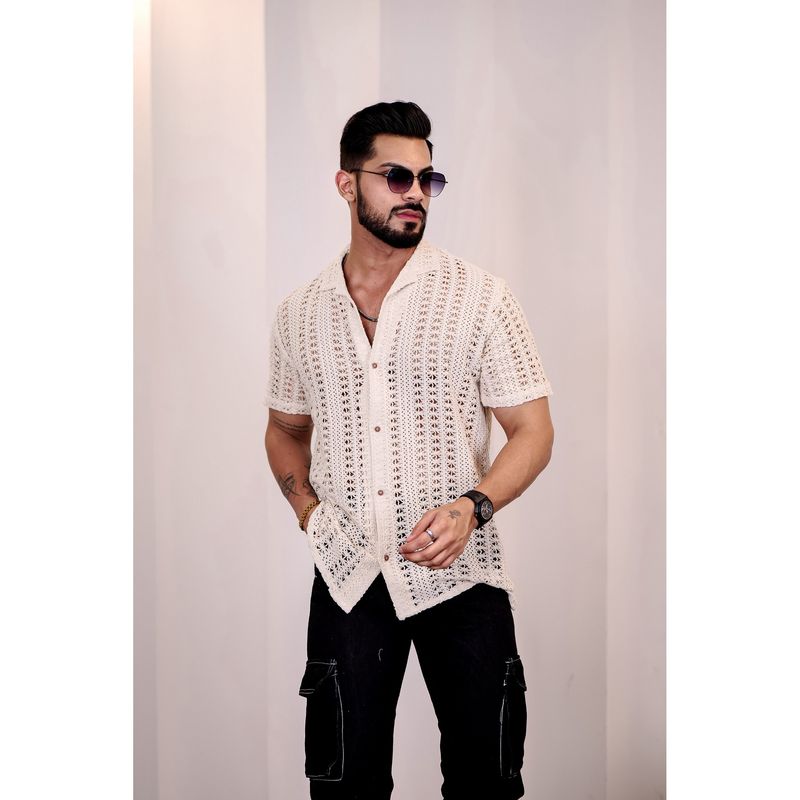 Eszett Men Cream Self Design Half Sleeves Casual Shirt (S)