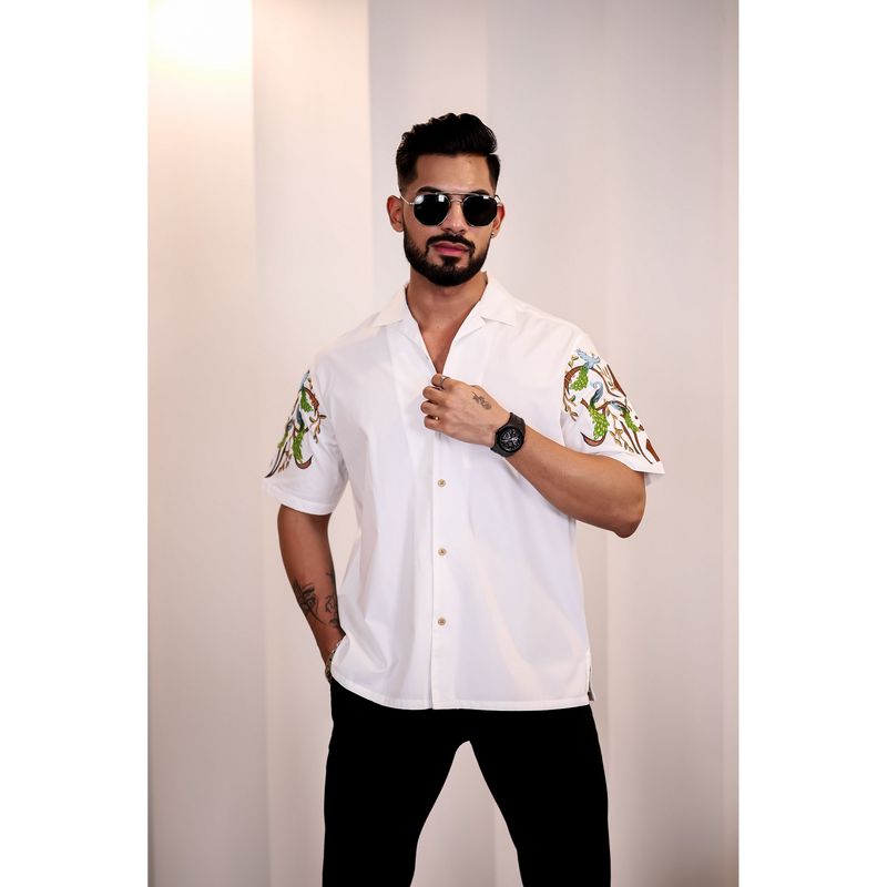 Eszett Men White Cotton Embroidered Casual Shirt (L)
