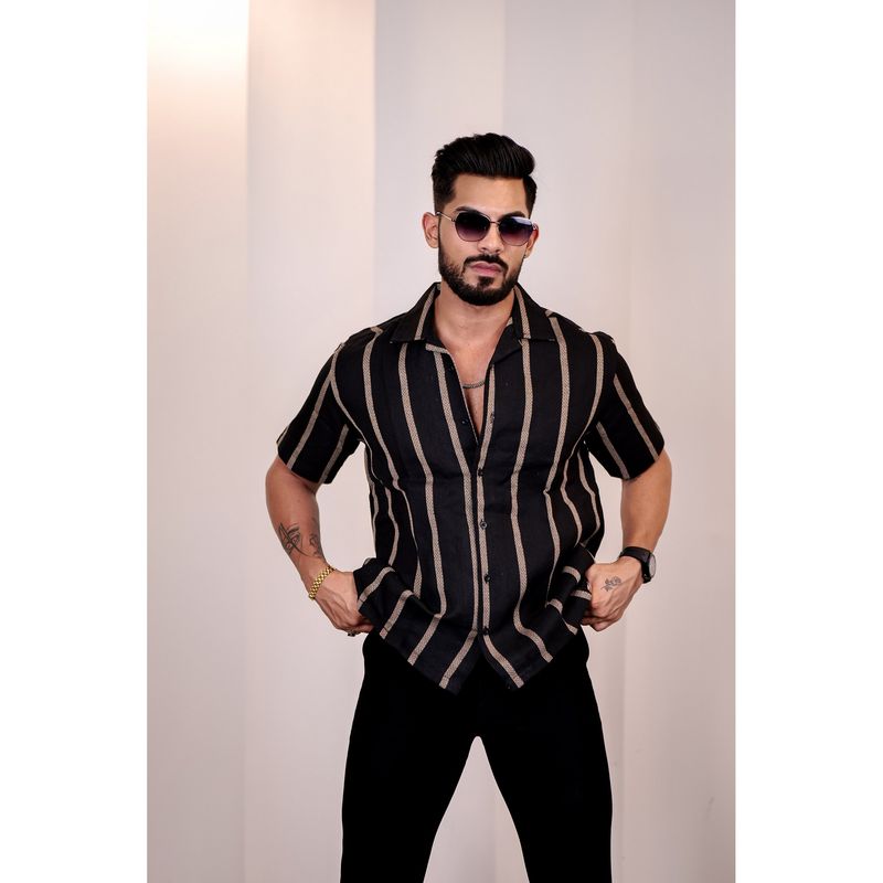 Eszett Men Black Linen Stripes Casual Shirt (L)