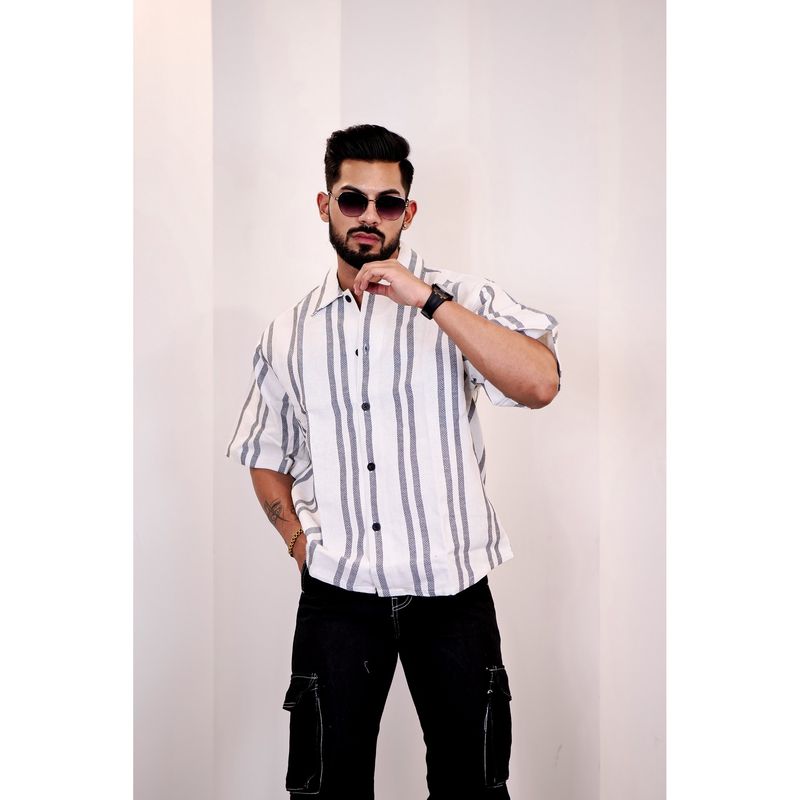 Eszett Men White Linen Stripes Casual Shirt (L)