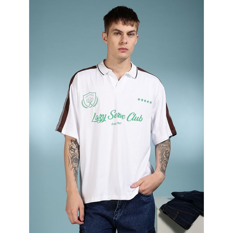 Eszett Men White Cotton Graphic Polo T-Shirt (S)