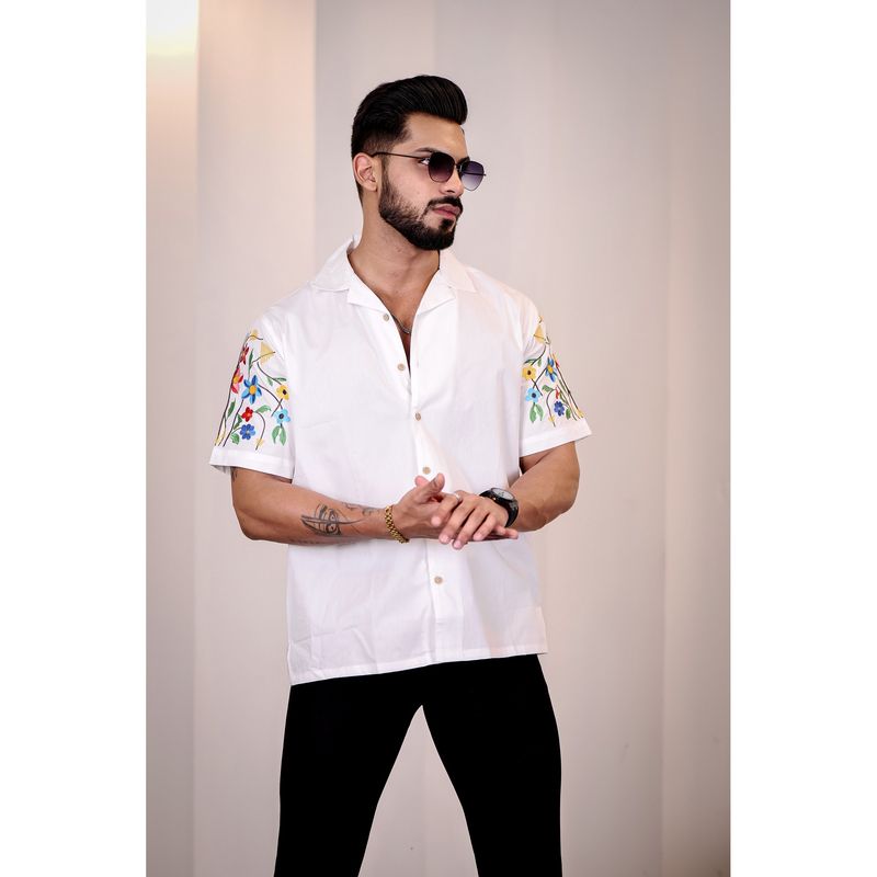 Eszett Men White Linen Embroidered Casual Shirt (L)