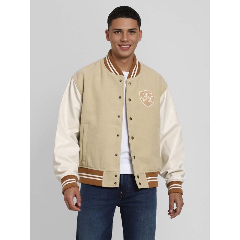 American Eagle Men Beige Varsity Bomber Jacket (XS)