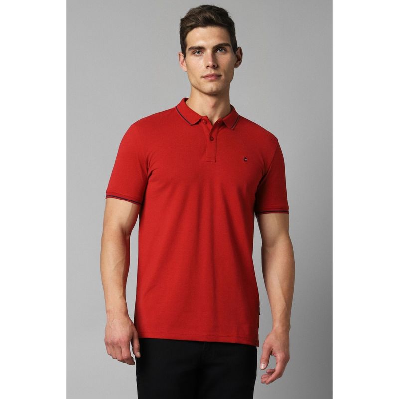 Louis Philippe Men's Red Polo T-Shirt with Collar Tipping and Branding on Sleeve (S)