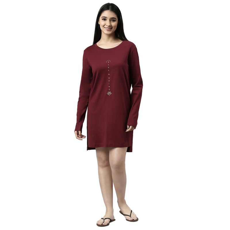 Enamor Womens Essentials E161-Relaxed Fit Full Sleeve Cotton Tunic Tee With Side Slit-Dry Blood (L)
