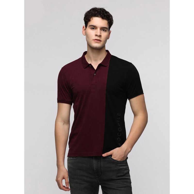 Crocodile Colour Blocking with Word Printed Polo T-Shirt - Maroon (2XL)