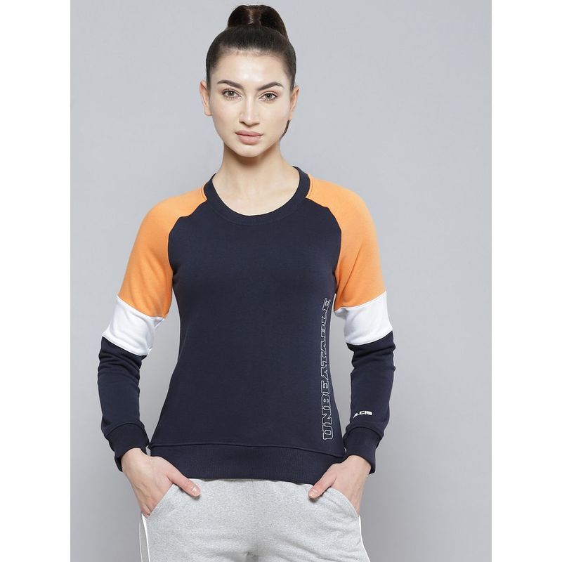 Alcis Women Navy Blue Orange Colour blocked Cotton Sweatshirt With Side Applique Prints (XL)