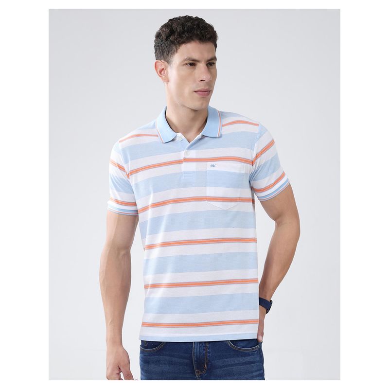 Monte Carlo Men Blue Cotton Blend Stripes Half Sleeves Regular Fit Polo T-Shirt (L)