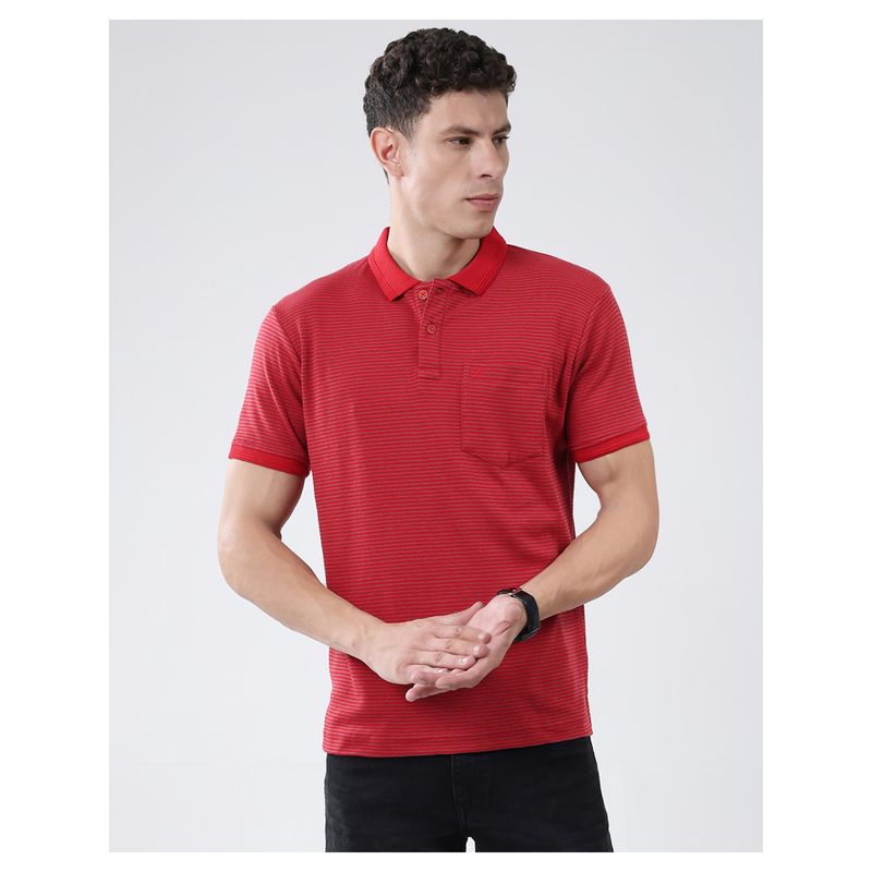 Monte Carlo Men Red Cotton Blend Stripes Half Sleeves Regular Fit Polo T-Shirt (M)