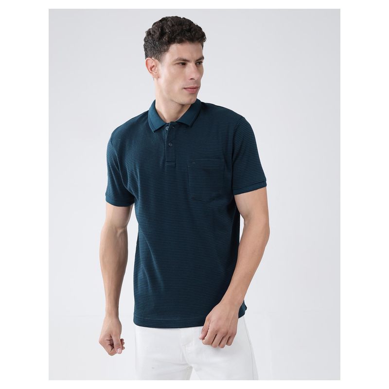 Monte Carlo Men Teal Cotton Blend Stripes Half Sleeves Regular Fit Polo T-Shirt (M)