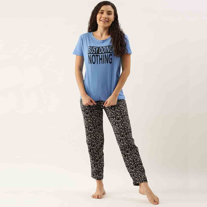 Kryptic Women Blue & Black Pure Cotton Typography Printed Lounge T-Shirt (2XL)