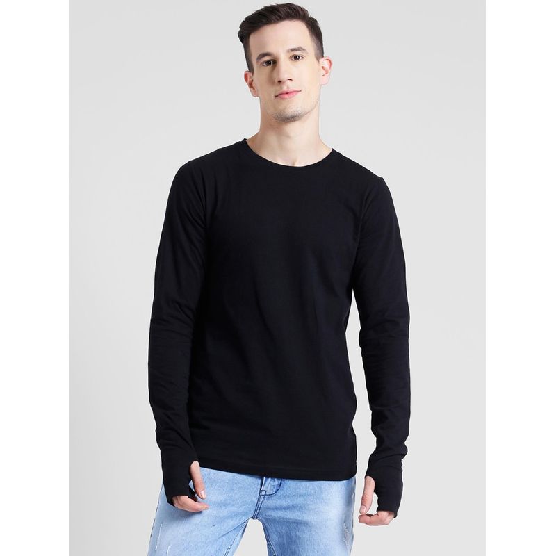 RIGO Black Thumbhole Full Sleeve T-Shirt For Men (L)