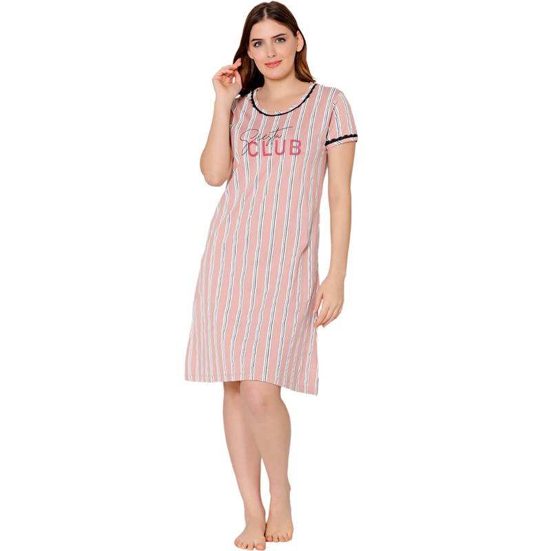 Bodycare Womens Combed Cotton Round Neck Striped Short Night Dress -BSN9013 Pink (XL)