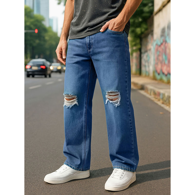 Bewakoof Men's Blue Washed Baggy Fit Ditsressed Mid-Rise Jeans (30)