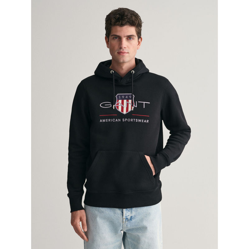 GANT Men Black Solid Hooded Full Sleeves Sweatshirt (S)