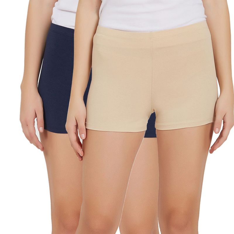 SOIE Mid Rise Breathable Cotton Spandex Mid Thigh Length Cycling Shorts-Pack of 2-Multi-Color (S)