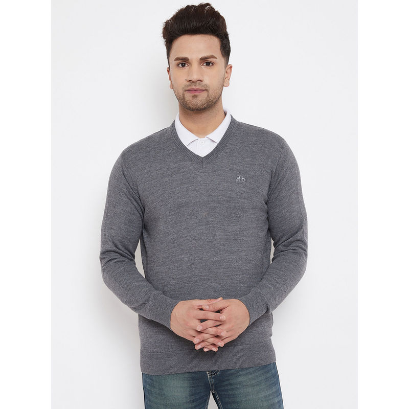98 Degree North Grey Solid V Neck Full Sleeve Sweater (2XL)