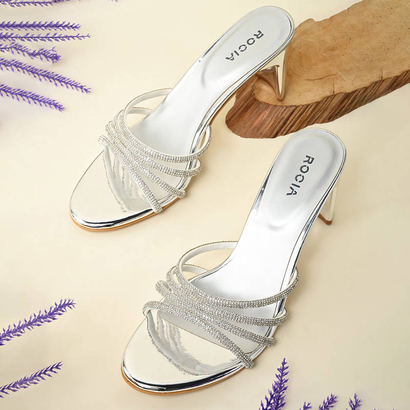 ROCIA Silver Women Diamond Strap Block Heel Sandals (EURO 40)