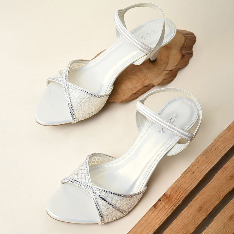 ROCIA White Women Diamond Embellished Lace Stiletto Heels (EURO 36)