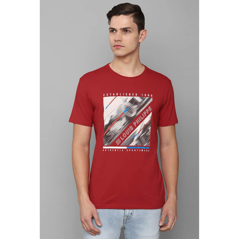 Louis Philippe Men Red Print Crew Neck T-Shirt (M)