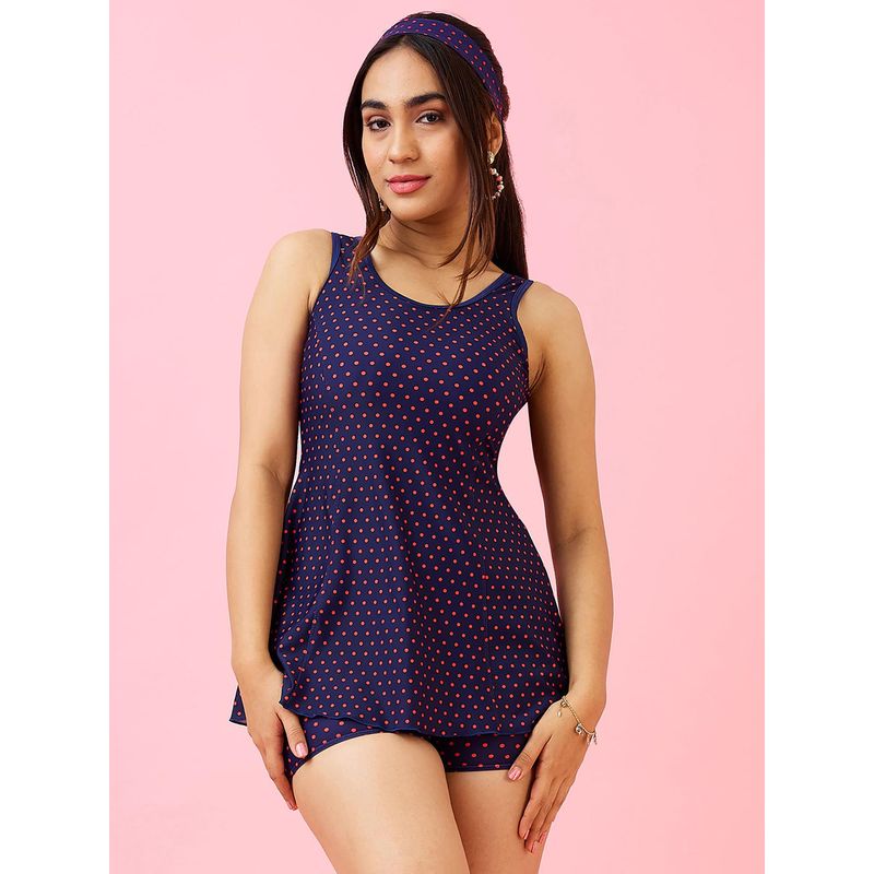 LYCOT Navy Blue Nylon Elastane Polka Dots Swimsuit (S)