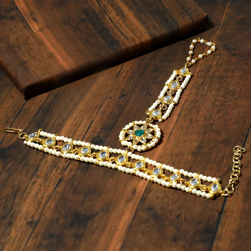 Karatcart Goldplated Pearl Beads Kundan Chain Hathphool With Green Stone Buy Karatcart Gold