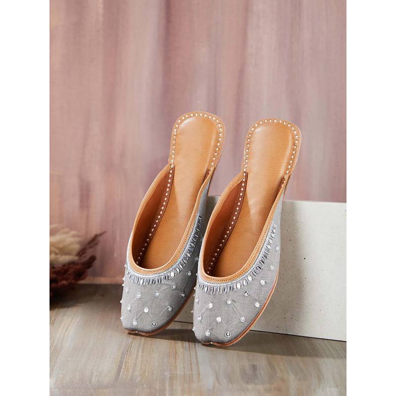 Fabindia Grey Leather Embroidered Open Jutties (UK 4)