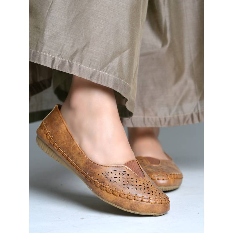 Shoetopia Tan Laser-Cut Ballerinas (EURO 38)