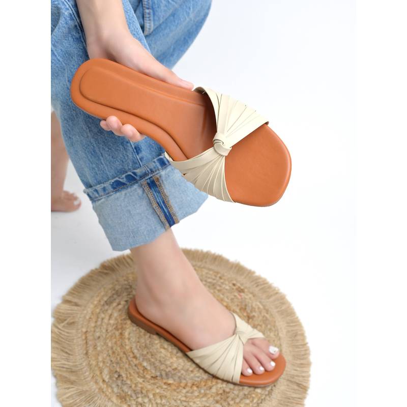 Shoetopia Women's Elegant Knotted Strap Flat-Cream (EURO 42)