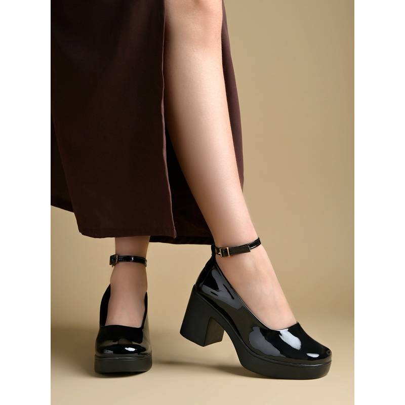 Shoetopia Women's Black Patent Leather Platform Sandals (EURO 41)
