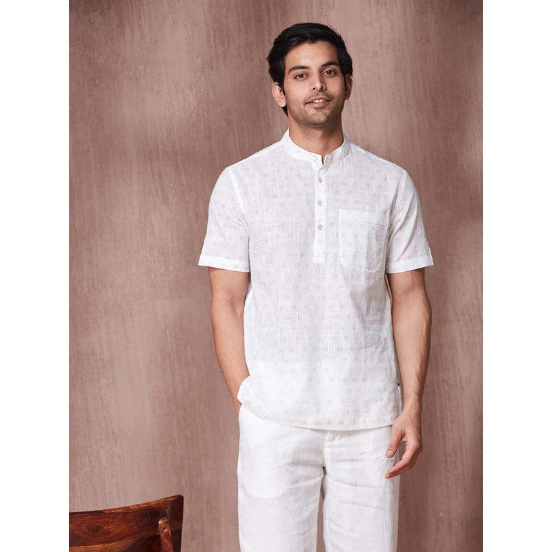 Fabindia White Cotton Printed Mid Placket Shirt (XL)