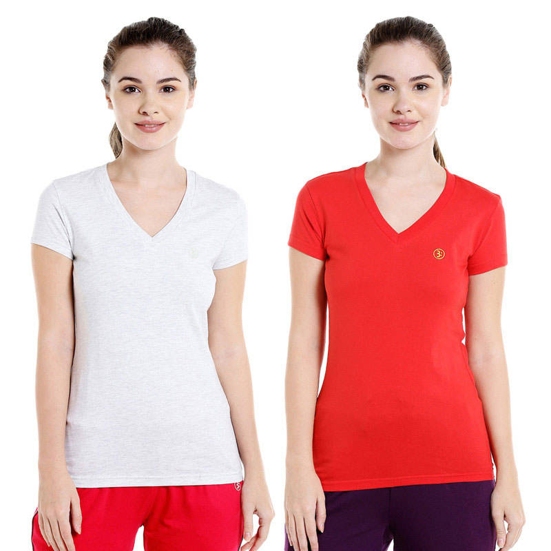 Bodyactive Multi Color T-shirt for Women - TS14-HTGREYRE-2PCS-S