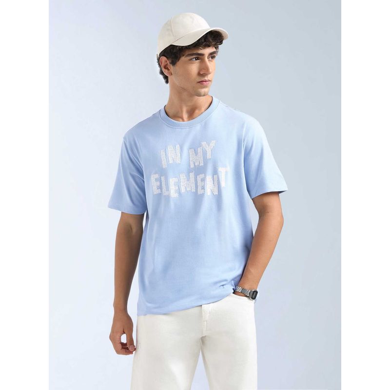 Flying Machine Men Blue Cotton Relaxed Fit T-Shirt (L)