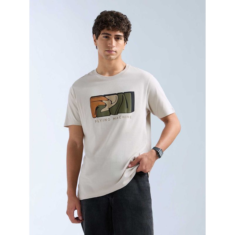 Flying Machine Men Beige Cotton Regular Fit T-Shirt (L)