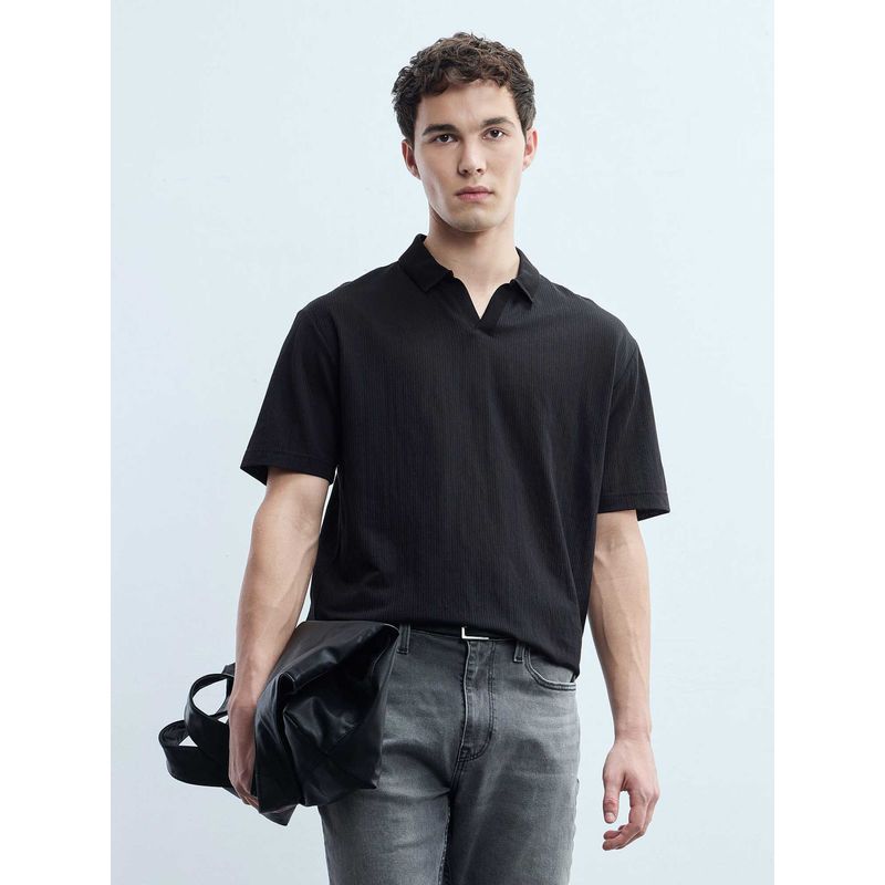 Flying Machine Men Black Cotton Relaxed Fit Polo T-Shirt (M)