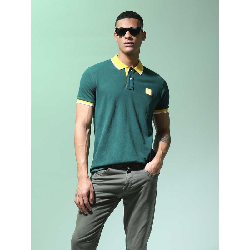 Flying Machine Men Green Cotton Regular Fit Polo T-Shirt (M)