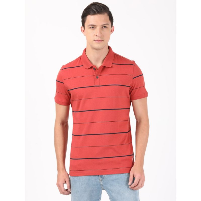 Jockey UM15 Men Cotton Striped Polo T-Shirt - Cinnabar and Navy (XL)