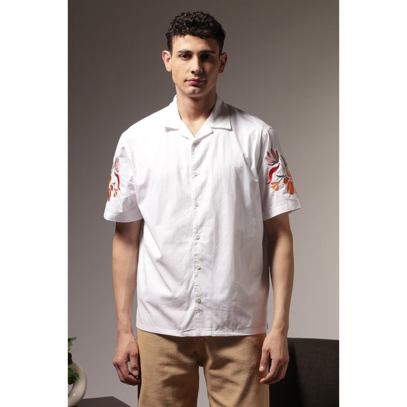 Eszett Men White Cotton Embroidered Shirt (S)