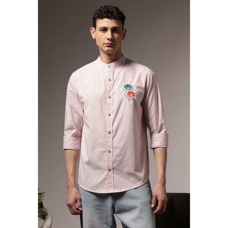 Eszett Men Pink Cotton Embroidered Shirt (S)
