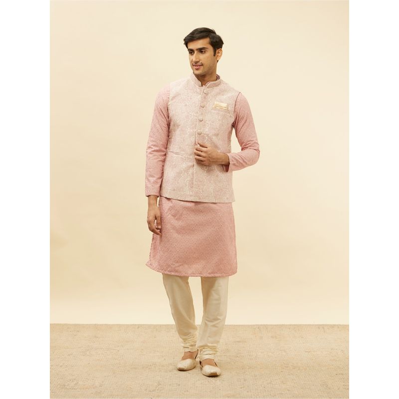 Manyavar Mens Pink Brocade Self Design Jacket (M)