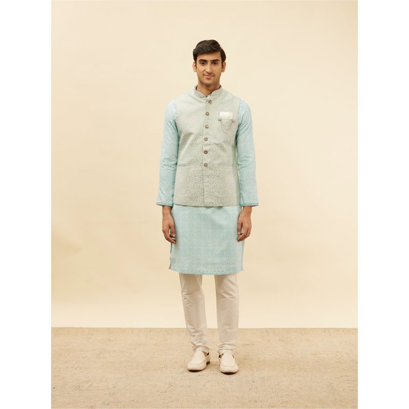 Manyavar Mens Blue Brocade Jacquard Jacket (L)